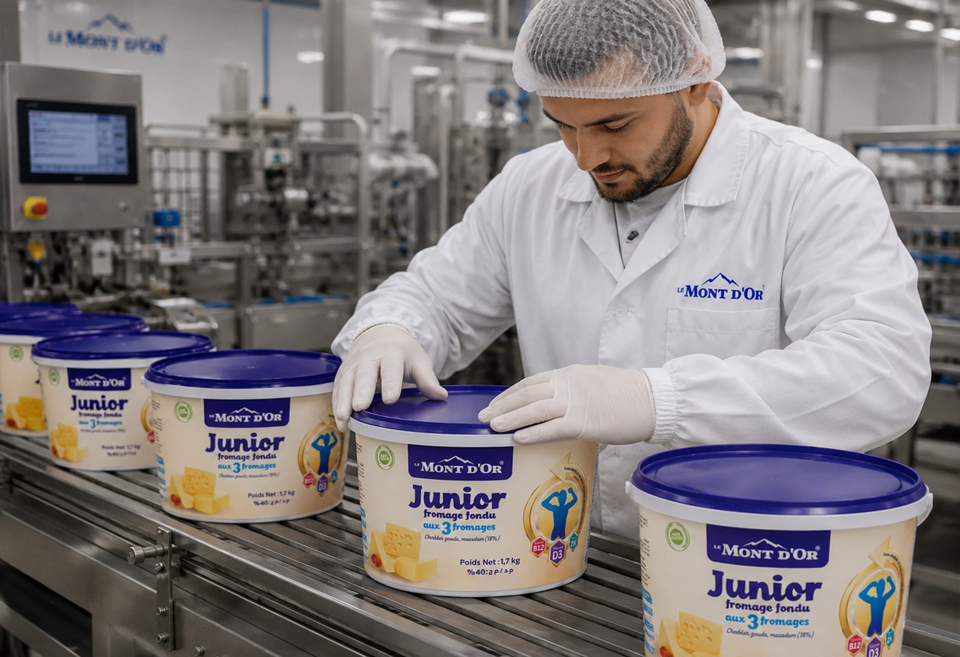 Un opérateur Le Mont d'Or sur la ligne de production des fromages fondus